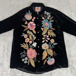 Johnny Was Sidonia Velvet Blouse Womens Medium Black Floral Embroidered Boho